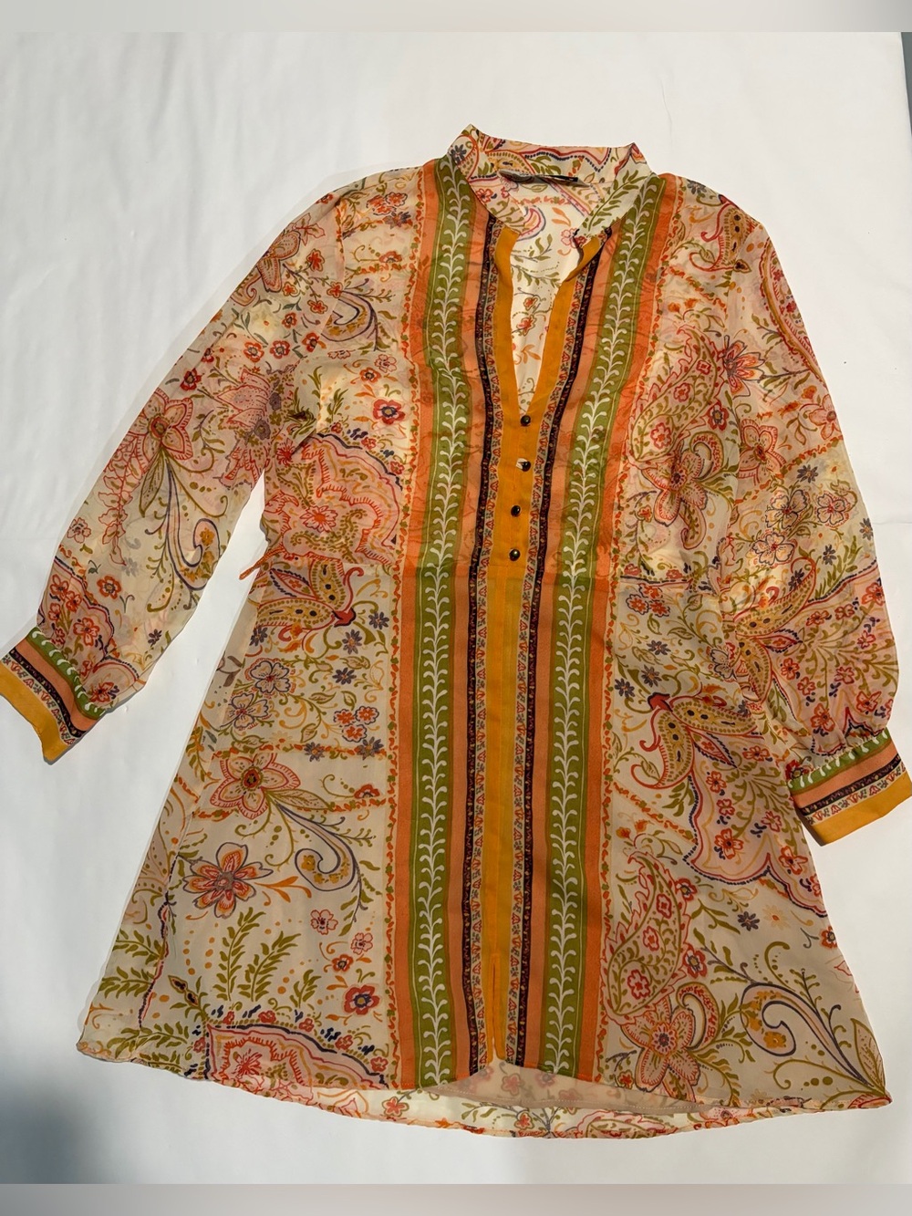 Zara Sheer Paisley Tunic Dress in Cream, Orange and Green